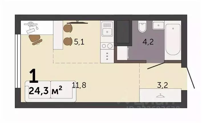 Студия Свердловская область, Екатеринбург Южный жилрайон,  (24.3 м) - Фото 2
