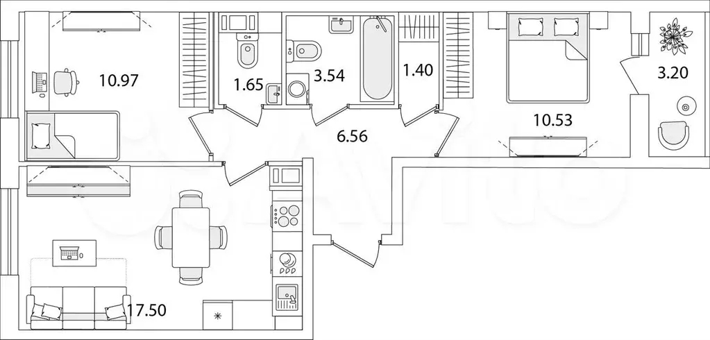 2-к. квартира, 53,6 м, 9/9 эт. - Фото 0