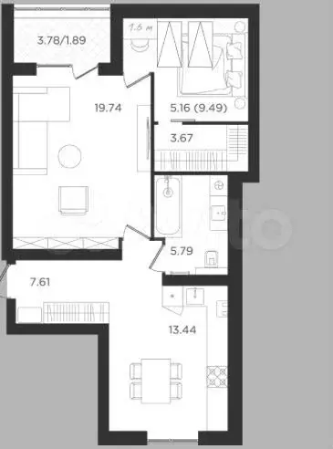 2-к. квартира, 57м, 4/4эт. - Фото 1