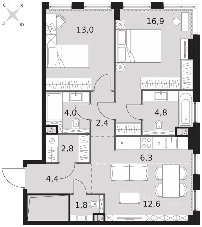 2-к кв. Москва Сидней Сити жилой комплекс, к5/1 (69.0 м) - Фото 2