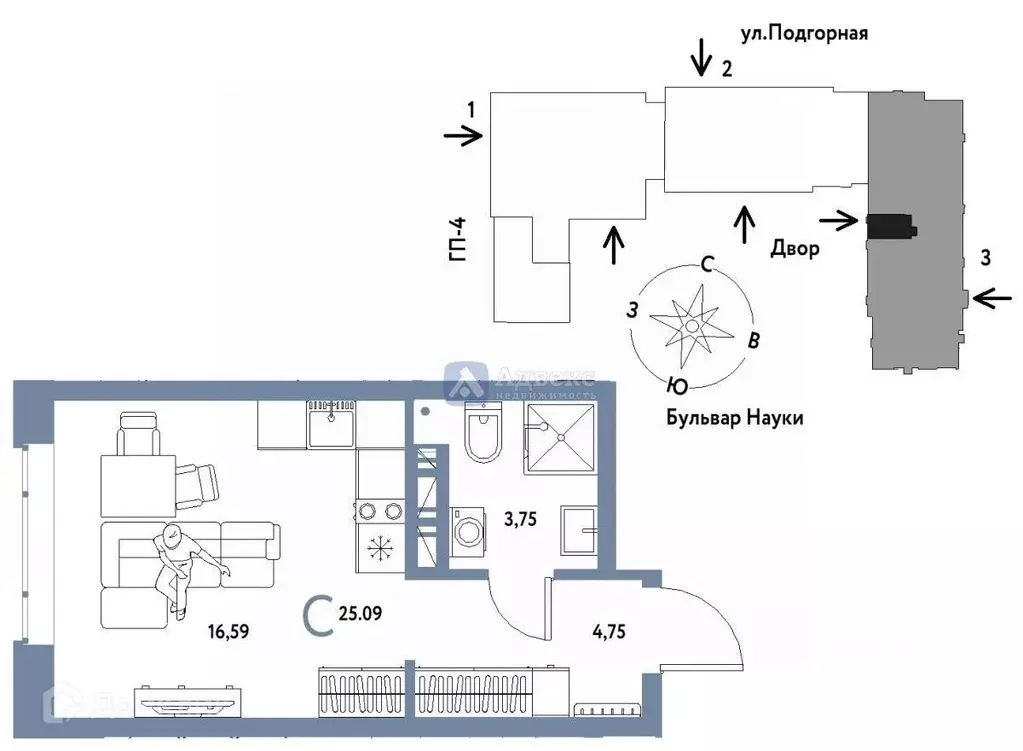 Студия Тюменская область, Тюмень Полевая ул., 108 (25.09 м) - Фото 1