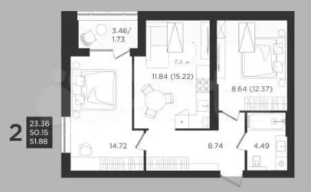 2-к. квартира, 51,9м, 4/4эт. - Фото 1