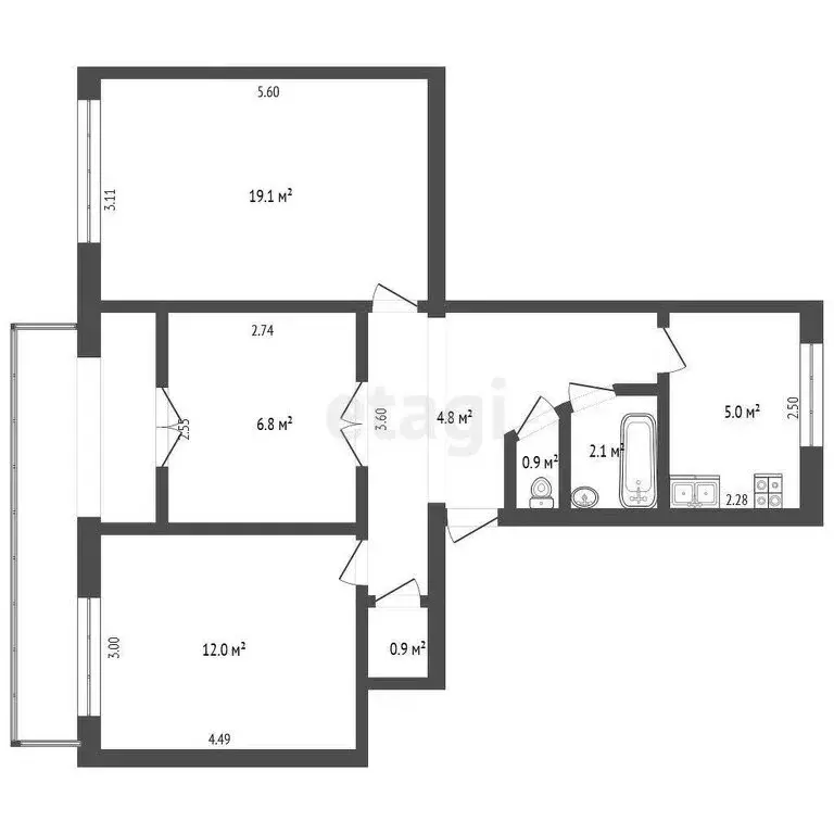 3-комнатная квартира: Евпатория, улица 60 лет ВЛКСМ, 8 (57.9 м) - Фото 1