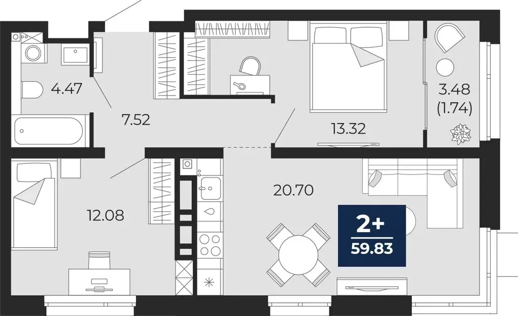 2-комнатная квартира: Тюмень, Арктическая улица, 16 (58.09 м) - Фото 0