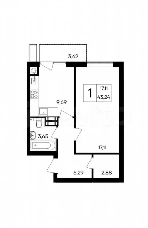1-к. квартира, 43,2 м, 8/9 эт. - Фото 1