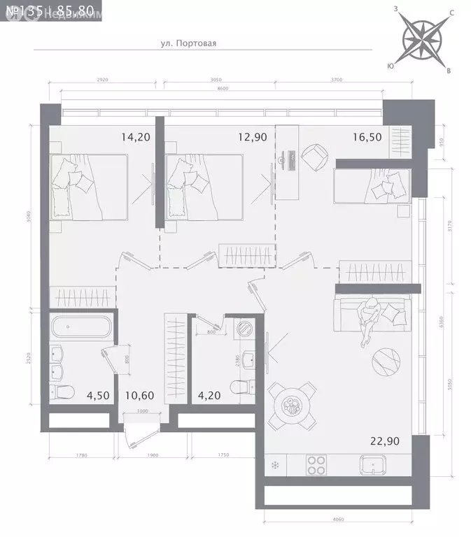 3-комнатная квартира: Казань, ЖК 1712 (85.8 м) - Фото 1