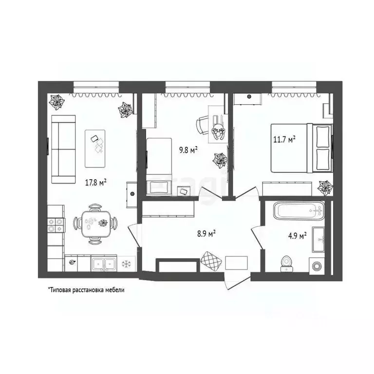 2-к кв. Тюменская область, Тюмень Новгородская ул., 14 (53.2 м) - Фото 2