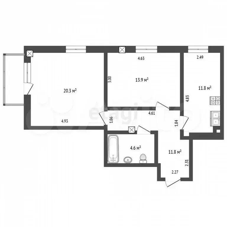 2-к. квартира, 64 м, 5/9 эт. - Фото 0