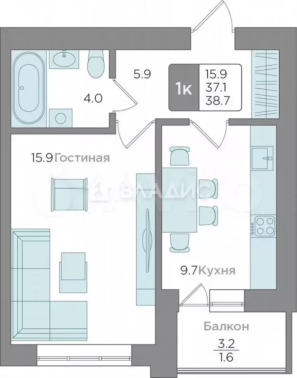 1-к. квартира, 38,7 м, 9/9 эт. - Фото 0