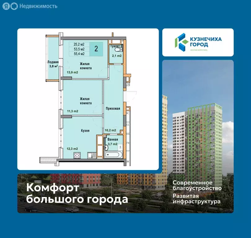 2-комнатная квартира: Нижний Новгород, ЖК Кузнечиха Город, 4 (55.4 м) - Фото 1