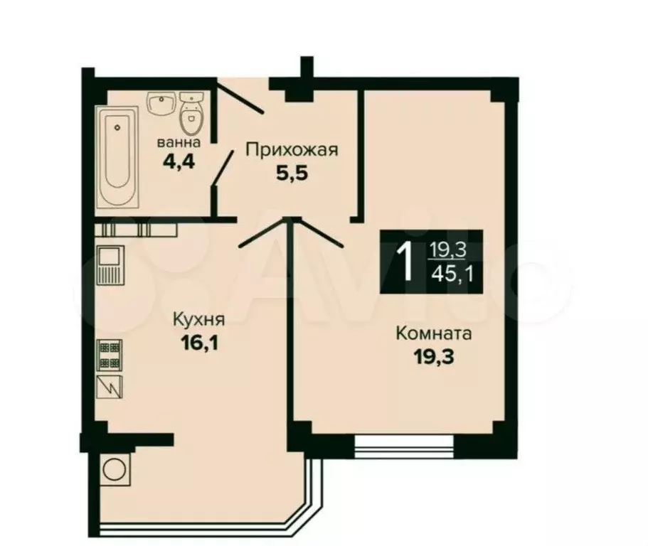 1-к. квартира, 45,1 м, 2/9 эт. - Фото 0