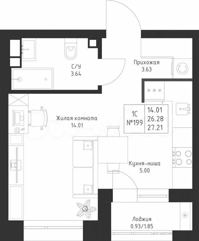Квартира-студия, 27,2 м, 4/20 эт. - Фото 0