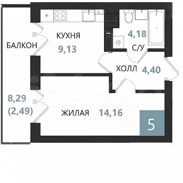 1-к. квартира, 34,4 м, 2/5 эт. - Фото 0