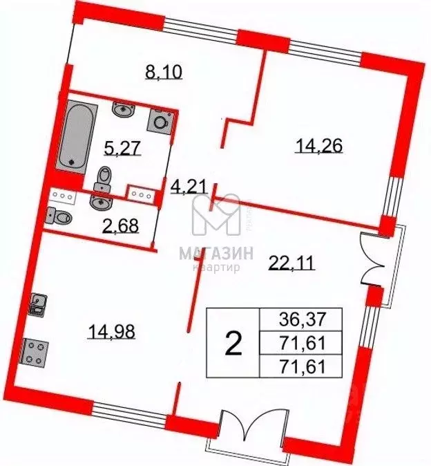2-к кв. Санкт-Петербург просп. Бакунина, 33 (72.0 м) - Фото 2