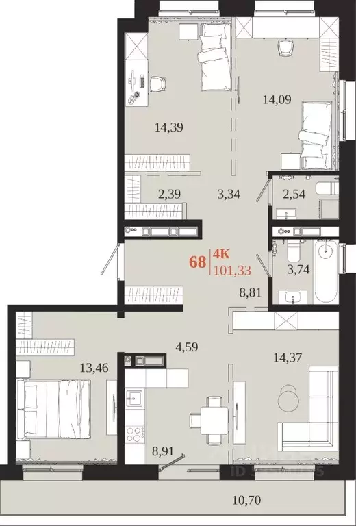 4-к кв. Иркутская область, Иркутск 1661 жилой комплекс (101.33 м) - Фото 1