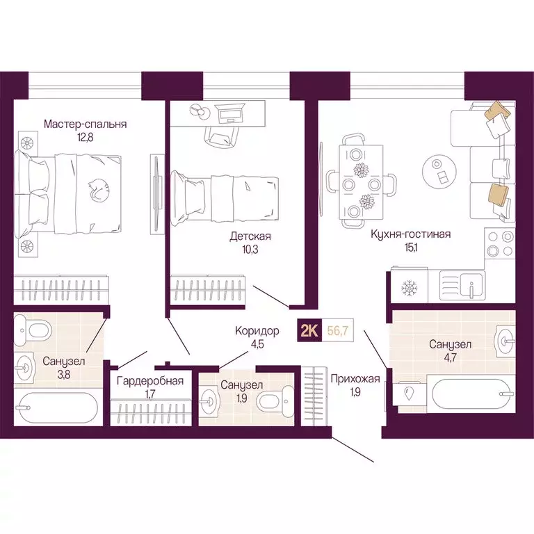 2-комнатная квартира: Нижний Новгород, Нижегородский район (56.7 м) - Фото 1