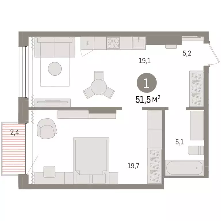 1-комнатная квартира: Тюмень, Краснооктябрьская улица, 4 (51.47 м) - Фото 2