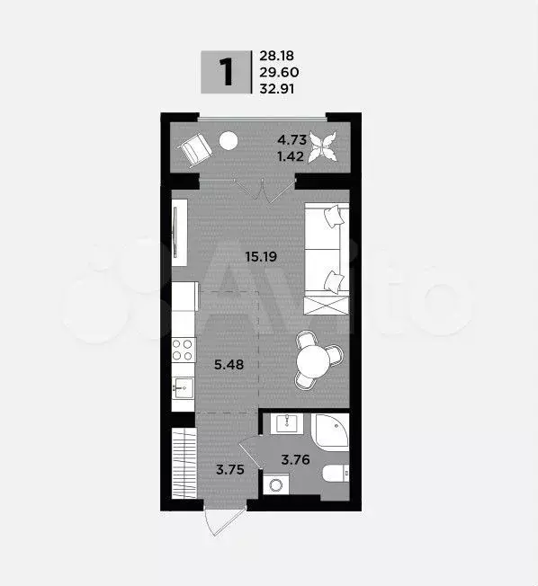 Квартира-студия, 32,9 м, 2/5 эт. - Фото 1