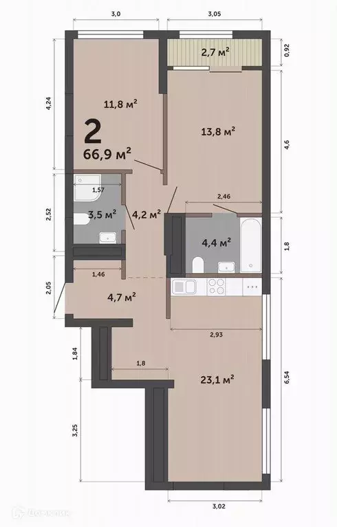 Продаётся 2-к квартира, 66.9 м - Фото 1