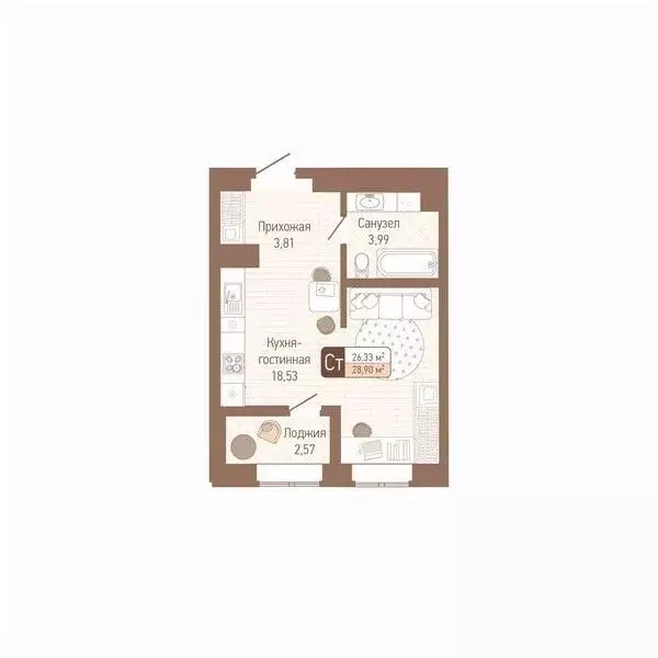 1-к кв. Тульская область, Тула Кулик жилой комплекс (27.62 м) - Фото 1