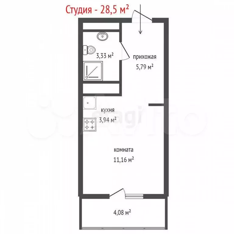 Квартира-студия, 28,5 м, 12/26 эт. - Фото 1