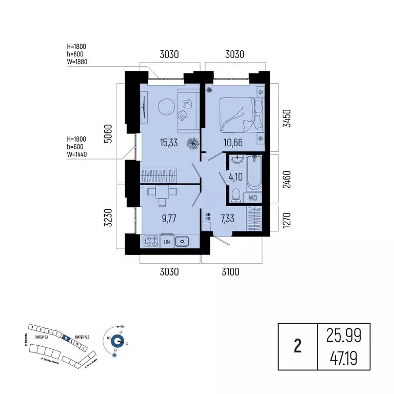 2-комнатная квартира: Уфа, Советский район, порт Уфа (47.19 м) - Фото 0