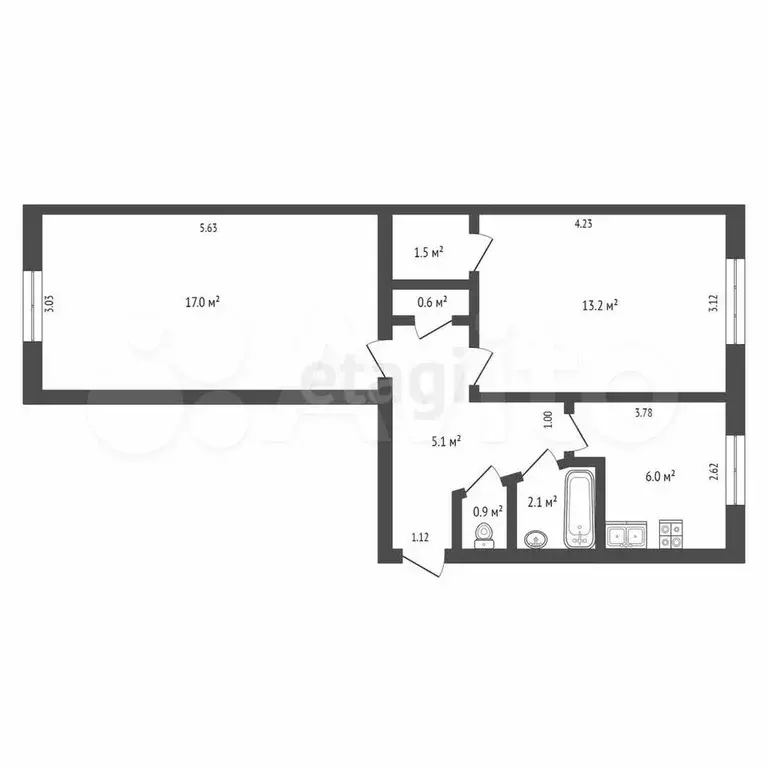 2-к. квартира, 46,4 м, 1/5 эт. - Фото 0