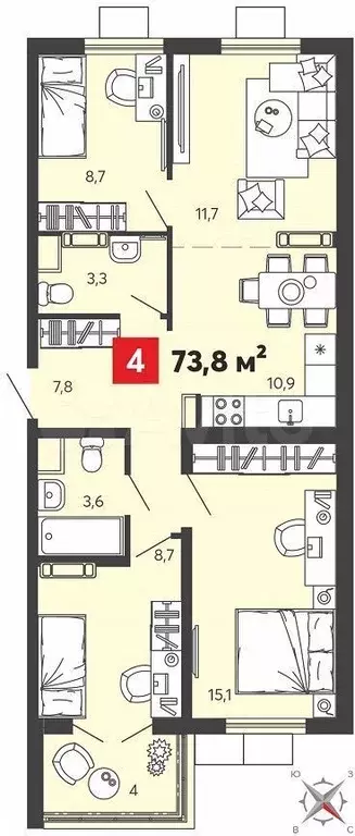 4-к. квартира, 73,8 м, 11/16 эт. - Фото 0