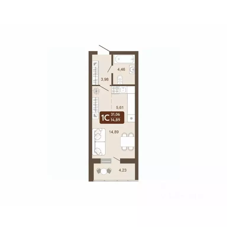 Студия Кемеровская область, Кемерово 58В мкр, 1 (31.06 м) - Фото 1