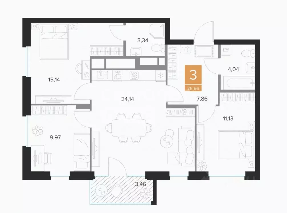 3-к кв. Курская область, Курск просп. Вячеслава Клыкова, 39Б (76.66 м) - Фото 2