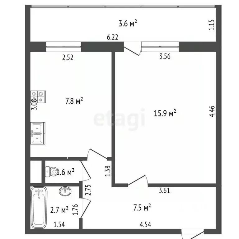 1-к кв. Вологодская область, Череповец ул. Наседкина, 17А (34.9 м) - Фото 2