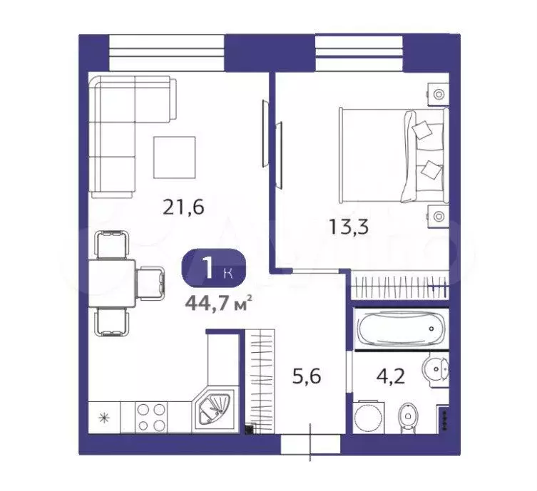 1-к. квартира, 44,7 м, 3/6 эт. - Фото 1