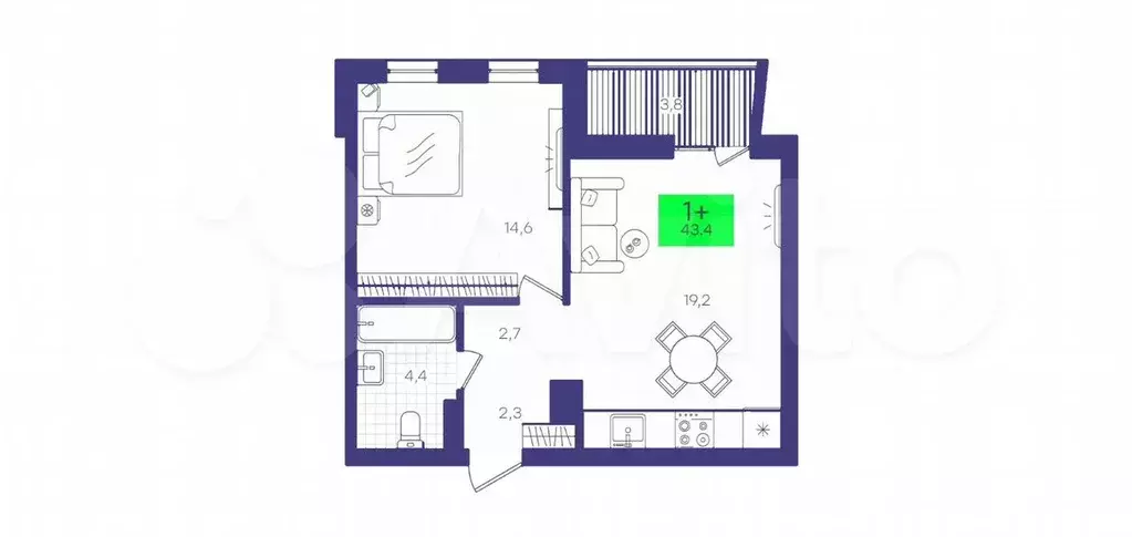1-к. квартира, 43,4 м, 9/9 эт. - Фото 1