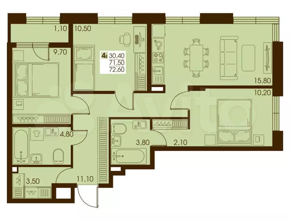 4-к. квартира, 72,6 м, 6/10 эт. - Фото 0