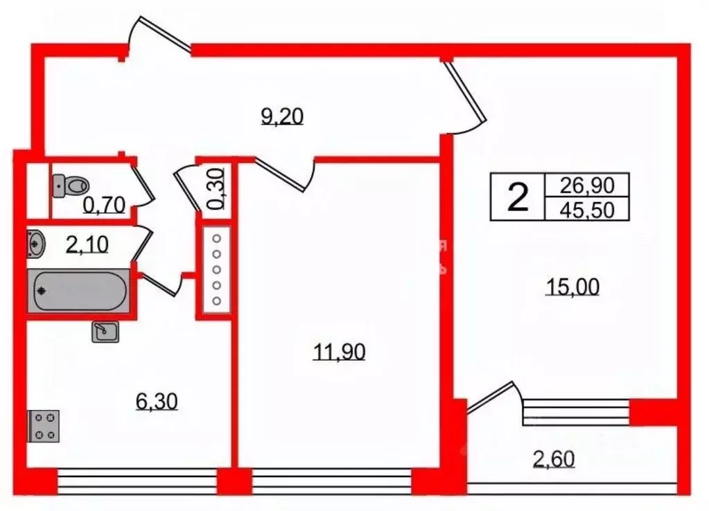 2-к кв. Санкт-Петербург ул. Добровольцев, 10К2 (45.4 м) - Фото 0