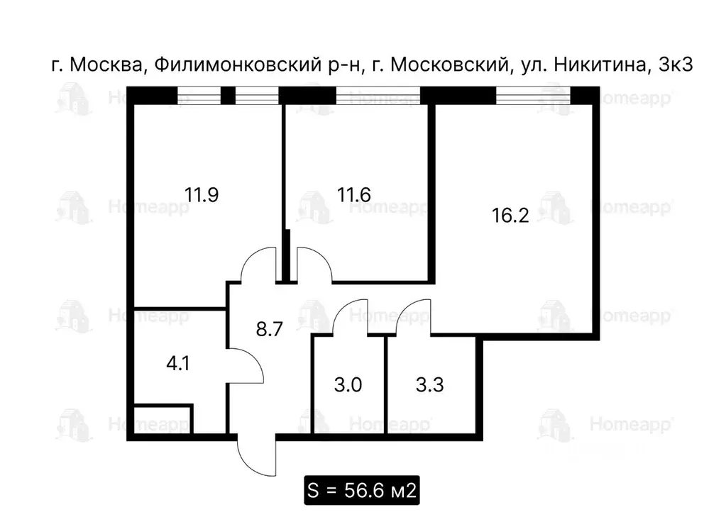 2-к кв. Москва, Москва, Московский г. ул. Никитина, 3к3 (56.6 м) - Фото 2