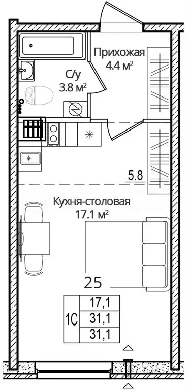 1-к. квартира, 31,1 м, 4/16 эт. - Фото 1