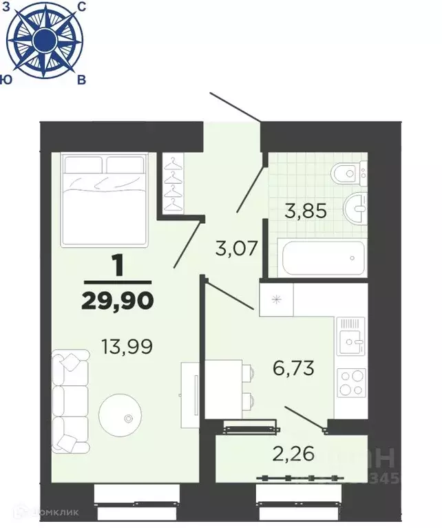 1-к кв. Рязанская область, Рязань ул. Семчинская, 11к2 (29.9 м) - Фото 0