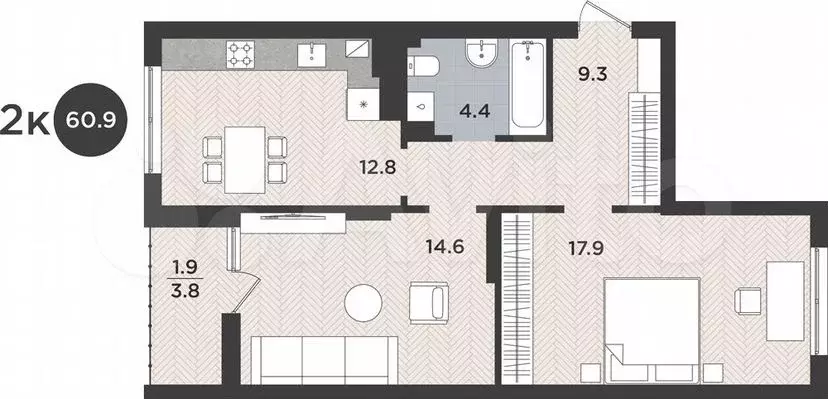 2-к. квартира, 61м, 6/9эт. - Фото 1