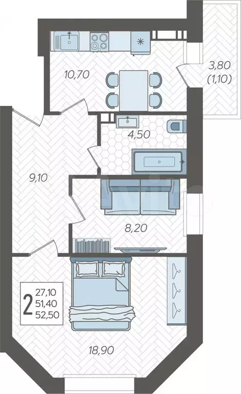 2-к. квартира, 52,5 м, 2/6 эт. - Фото 0