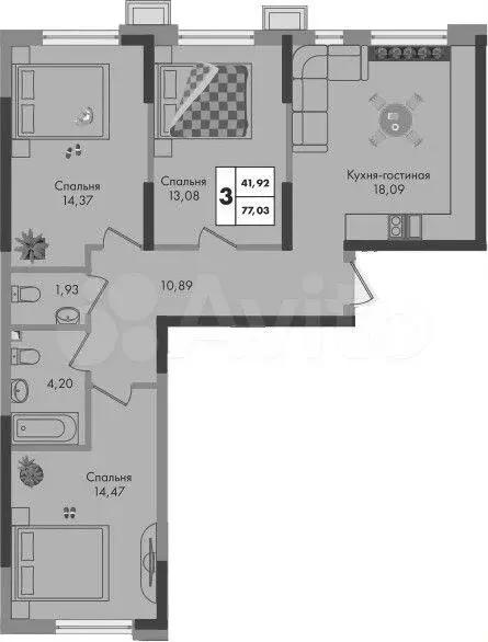 3-к. квартира, 77 м, 3/9 эт. - Фото 1