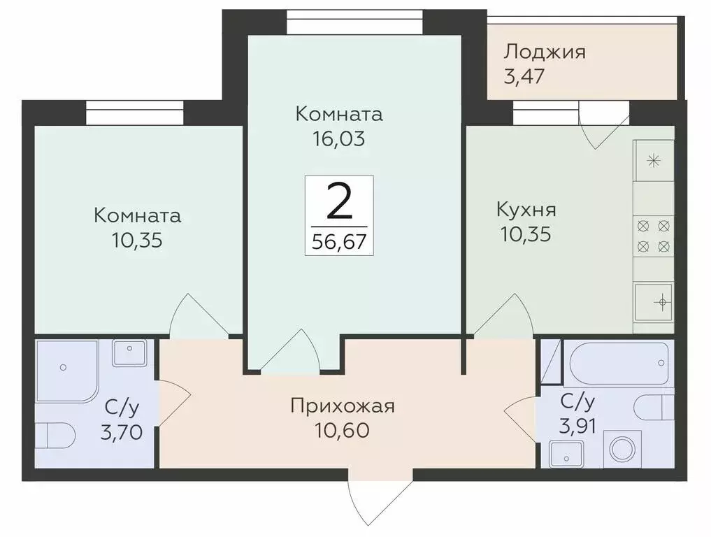 2-комнатная квартира: Воронеж, улица Чапаева, 68Б (56.67 м) - Фото 0