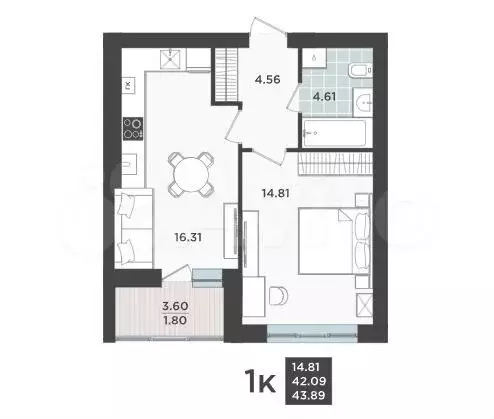 1-к. квартира, 43,9 м, 7/9 эт. - Фото 1