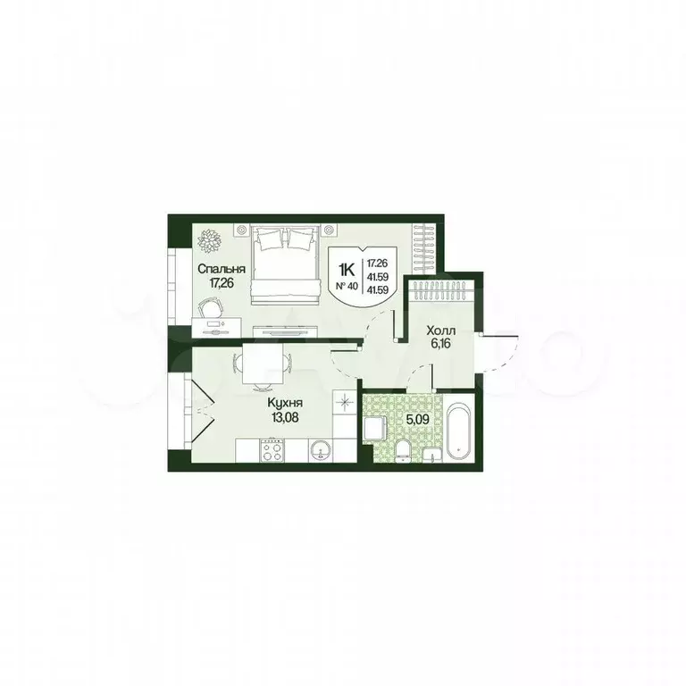 1-к. квартира, 41,6 м, 2/4 эт. - Фото 0