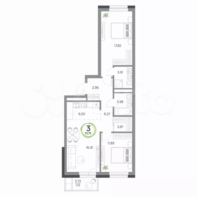 3-к. квартира, 73,7 м, 4/8 эт. - Фото 0