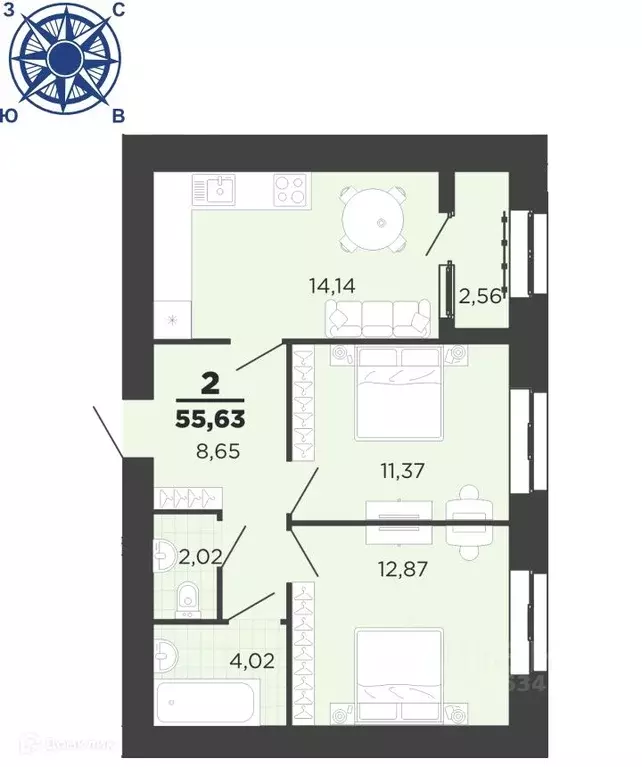2-к кв. Рязанская область, Рязань ул. Семчинская, 11к2 (55.63 м) - Фото 0