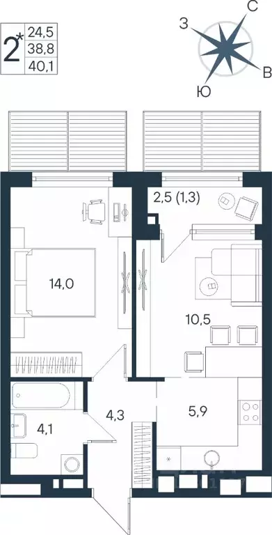 Студия Пермский край, Пермь ул. Космонавта Беляева, 17 (40.1 м) - Фото 1