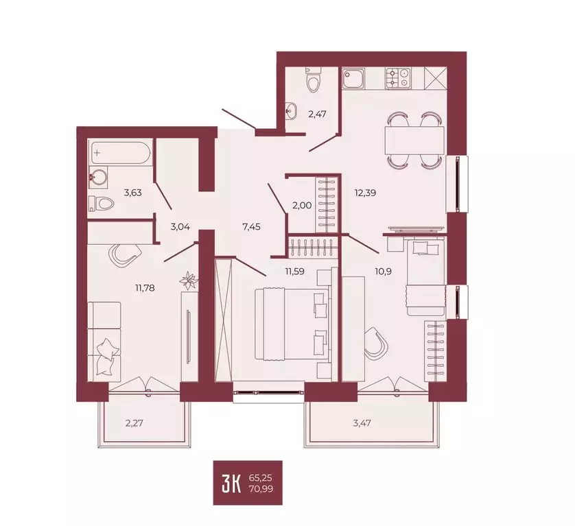 3-к кв. Пензенская область, Пенза ул. Тепличная, 55 (70.99 м) - Фото 1