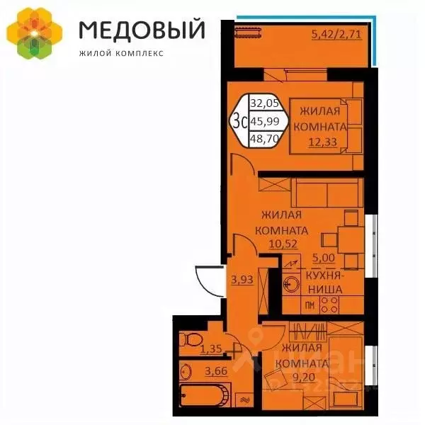 3-к кв. Пермский край, д. Кондратово ул. Г.Н. Нифантова, 12 (48.7 м) - Фото 0
