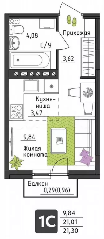 Квартира-студия, 21,3 м, 4/4 эт. - Фото 0